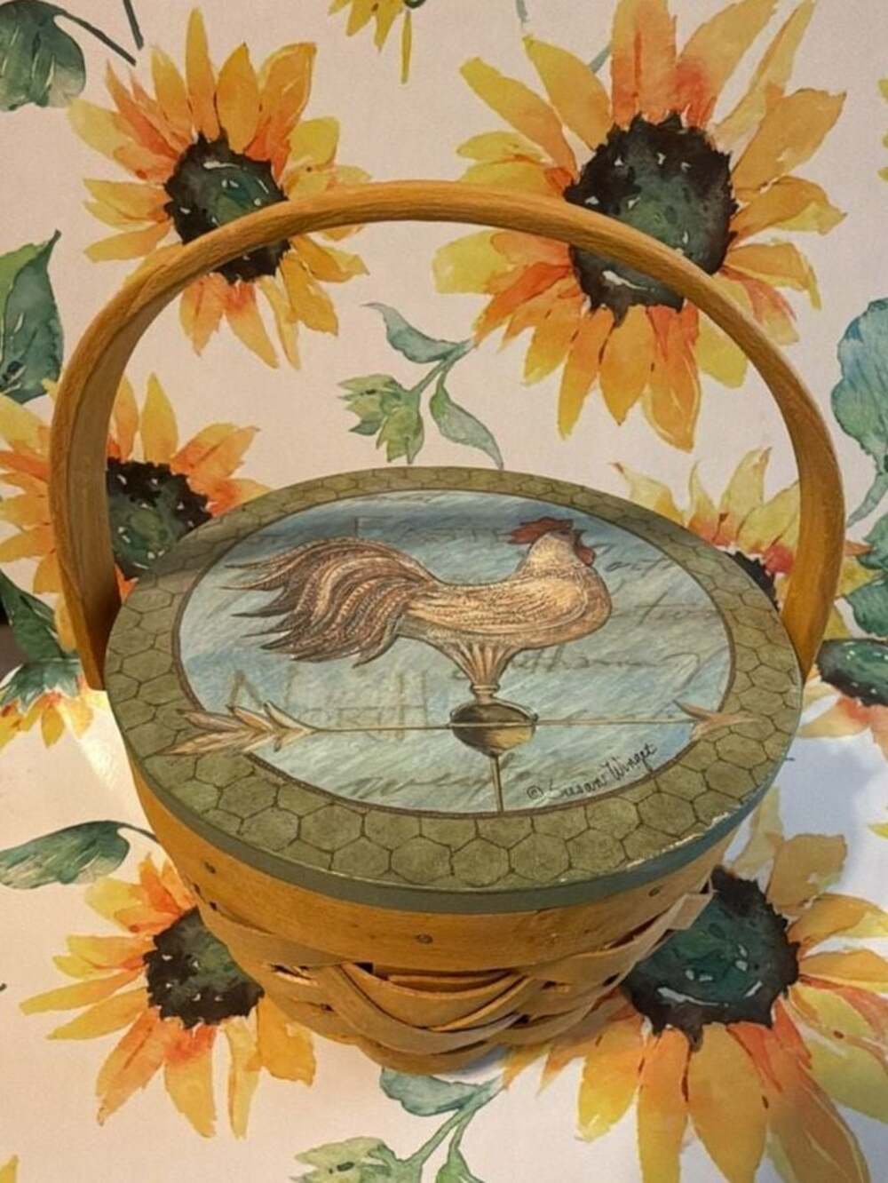 Susan Winget Decorative Woven Round Basket with Rooster Weathervane Lid